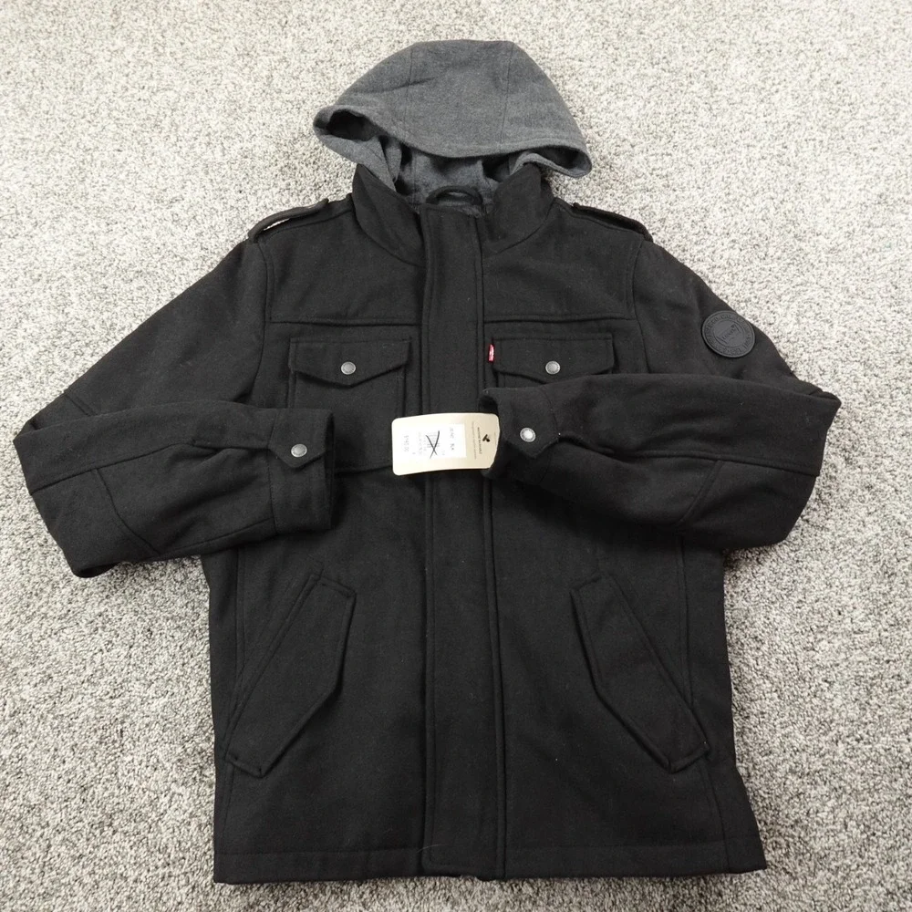 NEW Levis Jacket Mens S Black Wool‎ Hooded Trucker Quilted Lined Work Chore Coat
